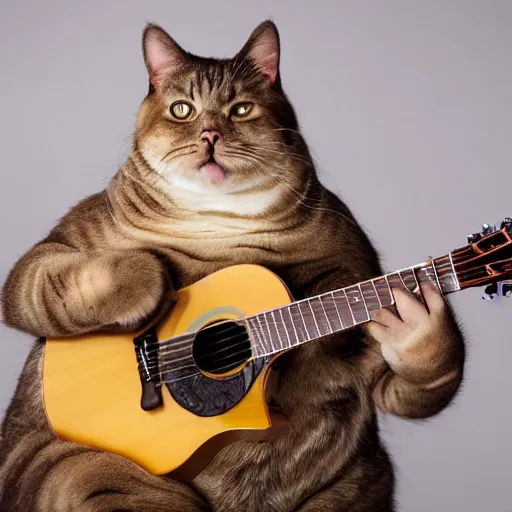 Image similar to cute fat cat playing guitar, studio photography