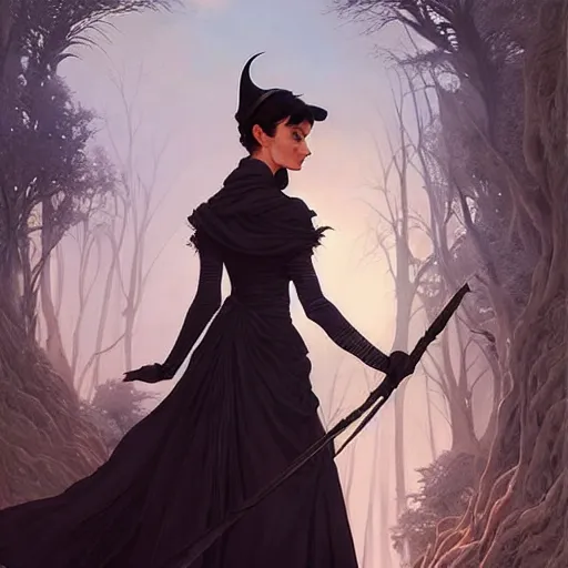 Prompt: audrey hepburn as a witch in an epic fantasy novel, various backgrounds, intricate, elegant, highly detailed, digital painting, artstation, matte, illustration, art by artgerm, greg rutkowski, loish, rhads, ferdinand knab, makoto shinkai, lois van baarle, ilya kuvshinov, rossdraws, tom bagshaw