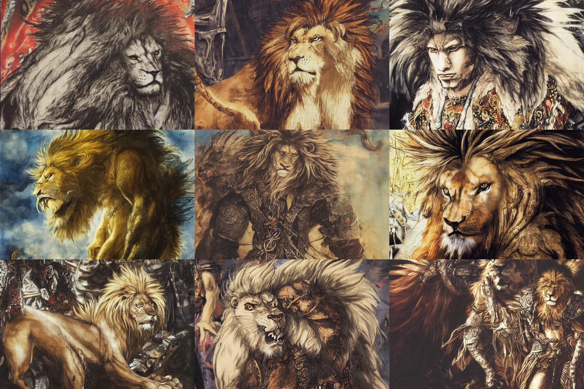 Image similar to 8k Yoshitaka Amano painting of upper body of a young cool looking lion beast-man at a medieval market at windy day. Depth of field. White hair, He is wearing complex tribal clothing. He has huge paws. Renaissance style lighting.