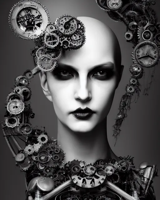 Image similar to black and white dreamy foggy smoky profile face portrait, one silver steampunk eye biomechanical beautiful young female cyclope - cyborg - robot bust, body ribs meshes,, volumetric light, hibiscus flowers, rim light, by hg giger and cecile beaton, big gothic fashion pearl embroidered collar, 8 k