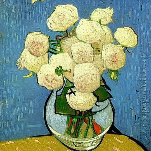 Image similar to atmospheric beautiful bouquet of white delicate pionoid rose in the sunny room of his beloved wife, wrote van gogh