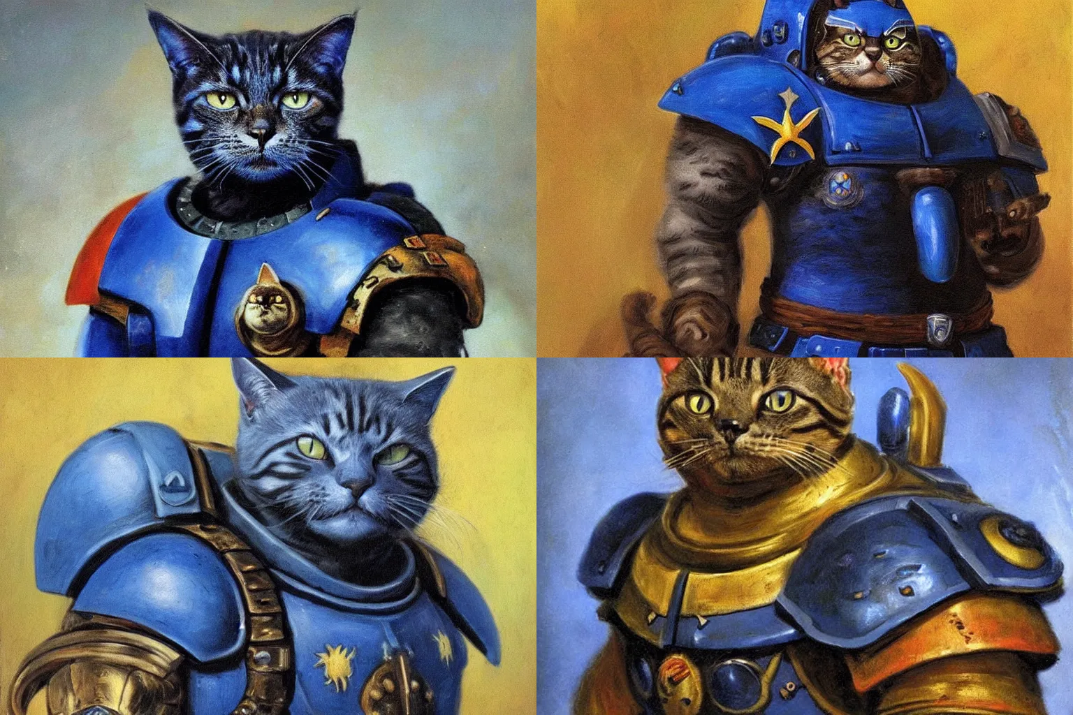 Prompt: a portrait of a cat as a Space Marine from the Warhammer 40k, ultramarine space marine cat, blue armor, glorious, masterpiece painting by Rembrandt