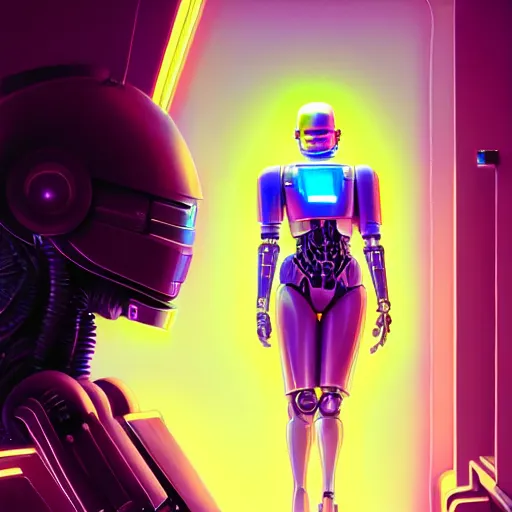 Image similar to highly detailed surreal neon robot android young christina hendricks, robocop, scream, stephen bliss, unreal engine, greg rutkowski, loish, rhads, beeple, makoto shinkai and lois van baarle, ilya kuvshinov, rossdraws, tom bagshaw, global illumination, detailed and intricate environment