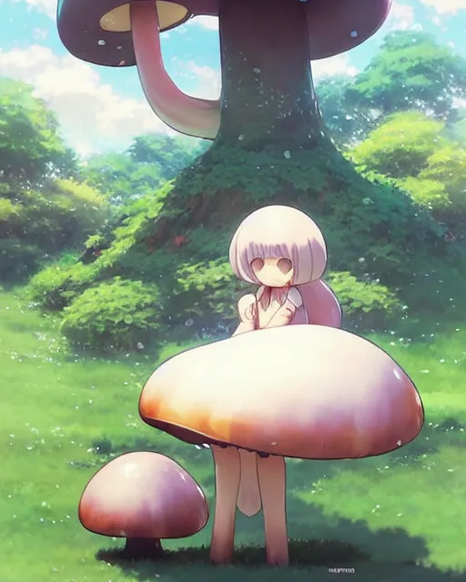 Prompt: a cute thicc mushroom creature ， by makoto shinkai an krenz cushart