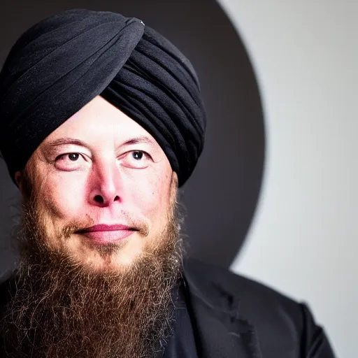 Image similar to a portrait elon musk wearing a long beard and a turban joining the taliban, fine details, close up, 8 k photography, depth of field, bokeh. i