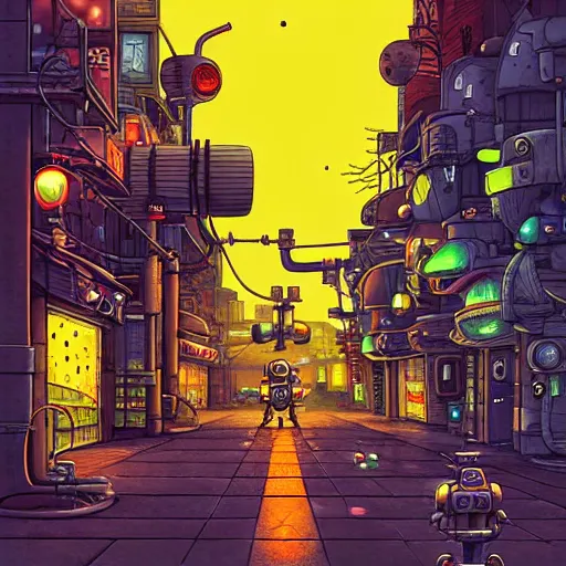 Prompt: fantasycore street view of 1950s machinarium tokyo at night by michael whelan and naomi okubo and dan mumford. cute 1950s robots. cel-shaded. glossy painting.