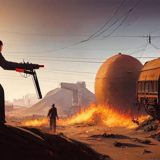 Prompt: huge black pack of c 4 - explosives on a red rusty oil - drum in gta v, stephen bliss, unreal engine, fantasy art by greg rutkowski, loish, rhads, ferdinand knab, makoto shinkai and lois van baarle, ilya kuvshinov, rossdraws, tom bagshaw, global illumination, detailed and intricate environment