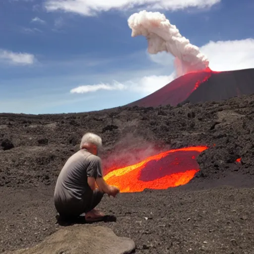 Prompt: old man sunbathing on a volcano, eruptions and lava on the ground, steam and thick sulfuric smoke, molten rocks, magma