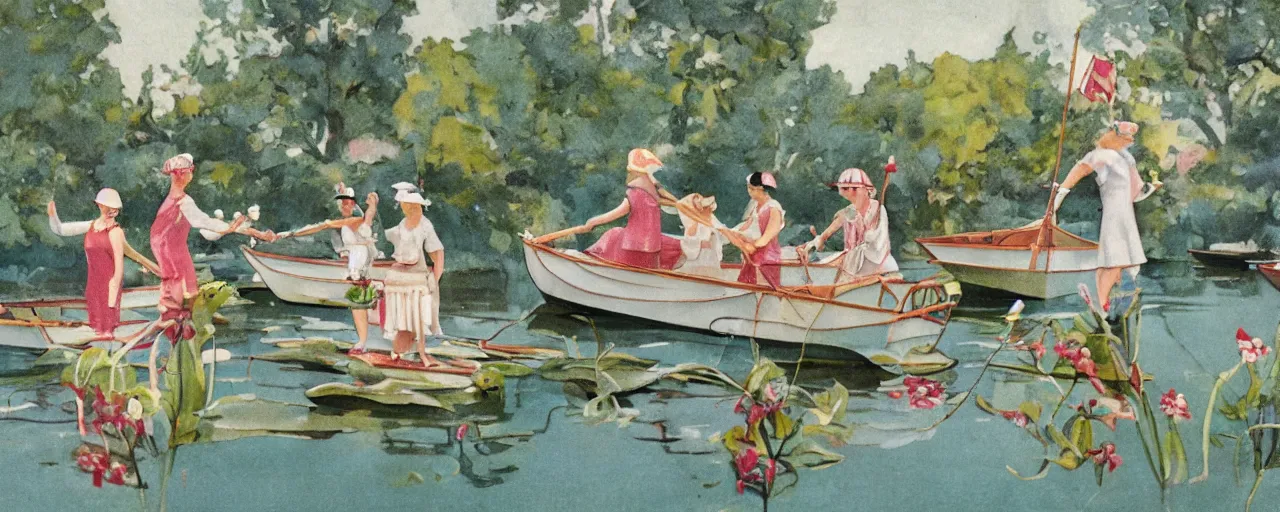 Prompt: a group ladies sailing 1920s miniature pond yachts. Lush garden. Art nouveau architecture