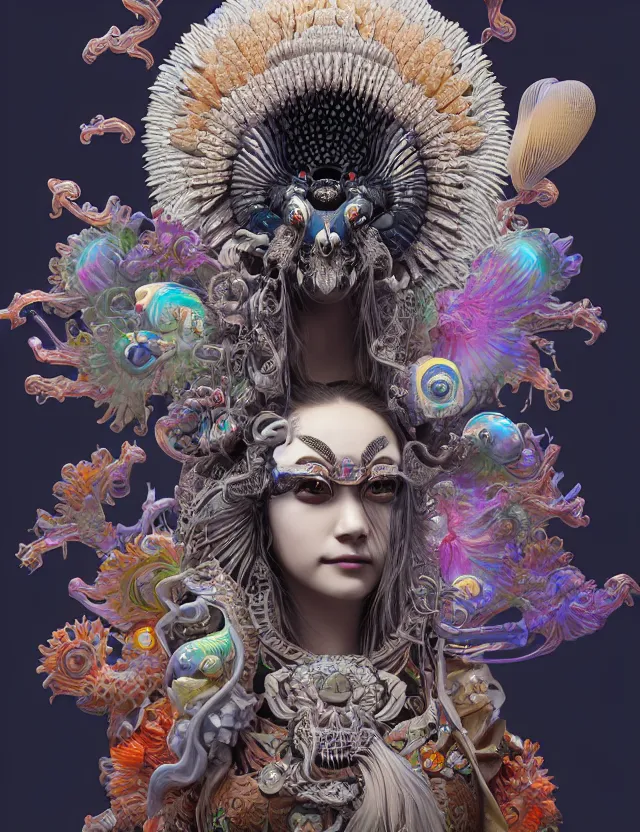 Image similar to 3 d goddess close - up profile solarpunk portrait ram skull. beautiful intricately detailed japanese crow kitsune mask and clasical japanese kimono. betta fish, jellyfish phoenix, bio luminescent, plasma, ice, water, wind, creature, artwork by tooth wu and wlop and beeple and greg rutkowski