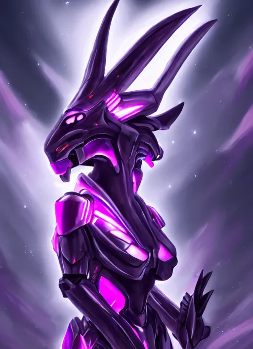 Prompt: cinematic goddess close shot, cosmic sized beautiful stunning elegant hot giant robot mecha female dragon, sharp cyborg dragon head, sharp metal ears, led glowing purple eyes, smooth fuschia skin, smooth silver armor, floating in space, epic proportions, epic scale, macro furry, furry art, dragon art, goddess art, giantess art, warframe fanart, furaffinity, octane