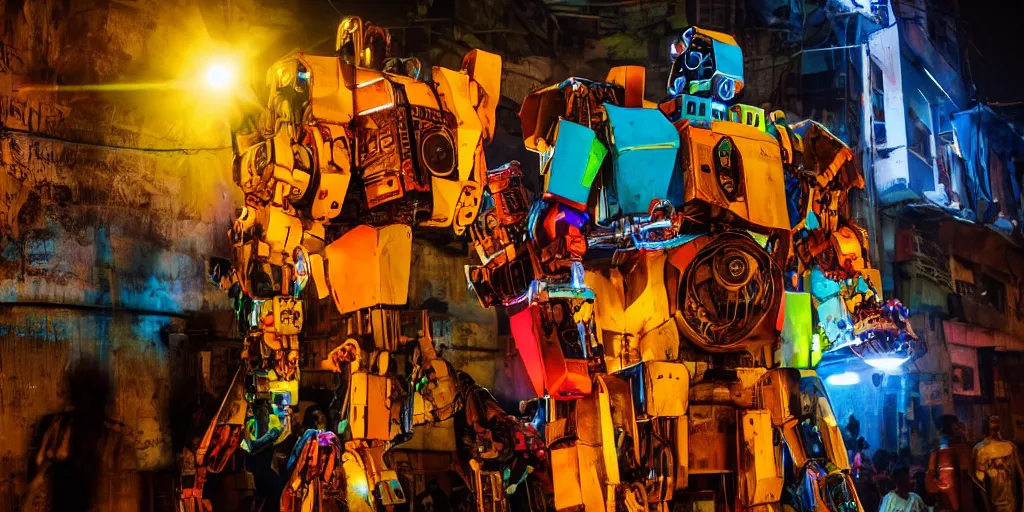 Image similar to colourful - damaged - giant mecha ROBOT of neon lit AJEGUNLE SLUM in Lagos, markings on robot, Golden Hour,