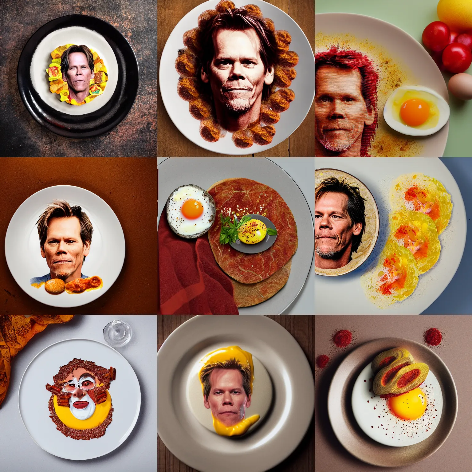 Prompt: a photo of kevin bacon made of bacon and eggs on a plate, rendered in octane
