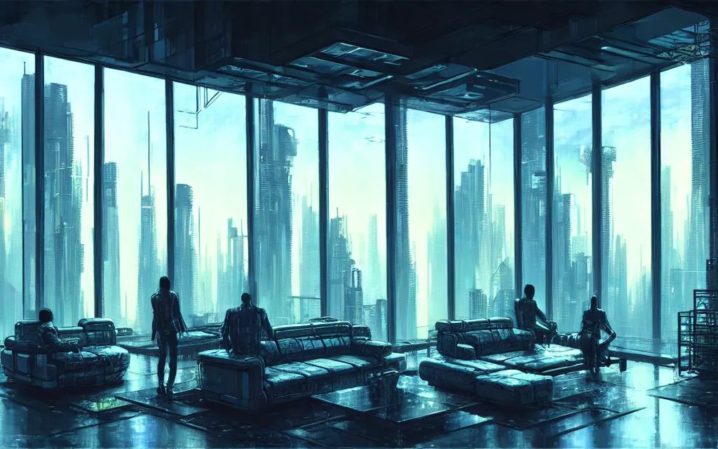 Image similar to cyberpunk loft lounge with tall windows, no people, city in background, drawn by feng zhu, sparse plants, dim painterly lighting volumetric aquatics, impasto