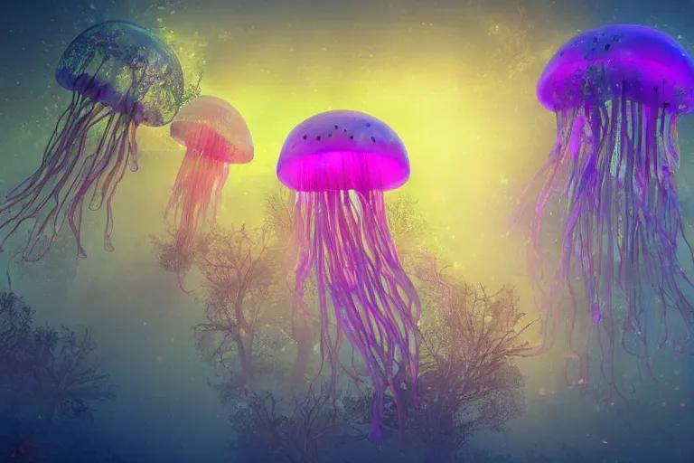 Prompt: An enchanted fantasy forest. Floating jellyfish. Colorful. Cinematic lighting. Photorealism.