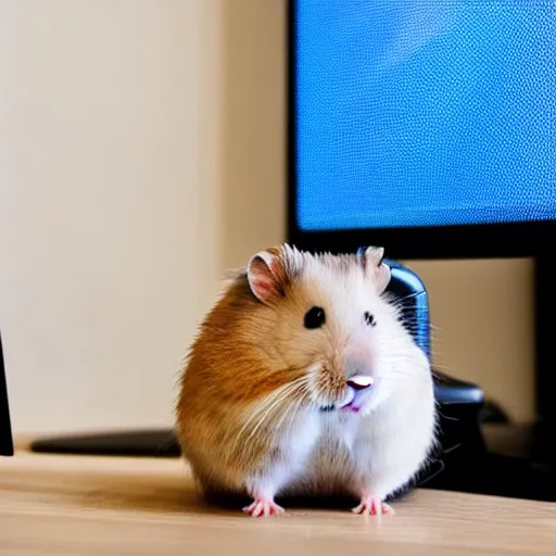 Image similar to hamster sitting on gaming chair in front of monitor.