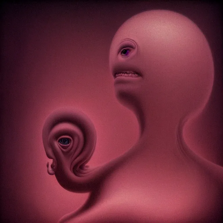 Image similar to surreal portrait of ribbed alien by m c escher, soft grainy bloom lucid dream - like atmosphere, harsh flash photo at night, baroque painting, perfect composition, detailed octane render trending on artstation, 8 k artistic photography, volumetric cinematic perfect light, chiaroscuro, masterpiece, raphael, caravaggio, beksinski, rutkowski, beeple