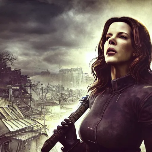 Image similar to fallout 5, charismatic beautiful rugged old kate beckinsale with s sharp katana, portrait, outdoors ruined cityscape, atmospheric lighting, painted, intricate, volumetric lighting, beautiful, daytime, sunny weather, slight overcast, sharp focus, deep colours, ultra detailed, by leesha hannigan, ross tran, thierry doizon, kai carpenter, ignacio fernandez rios