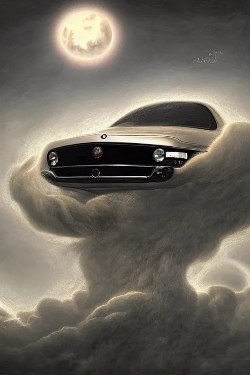 Image similar to Intricate stunning highly detailed white Fiat 600 from the 70s built in Spain, digital painting by agostino arrivabene and Vladimir Kush, surreal, ultra realistic, Horror vacui, dramatic lighting, full moon, thick black swirling smoke tornado, burning fire embers, artstation