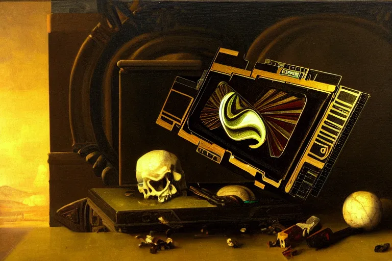 Image similar to a vanitas painting depicting an NVIDIA RTX A100 GPU, graphics card