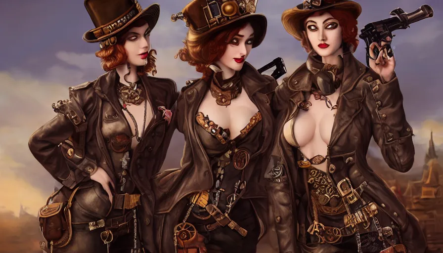 Prompt: steampunk girls with their cats and guns, masterpiece, pinup, highly detailed, digital painting, artstation, concept art, smooth, sharp focus, illustration, Unreal Engine 5, 8K