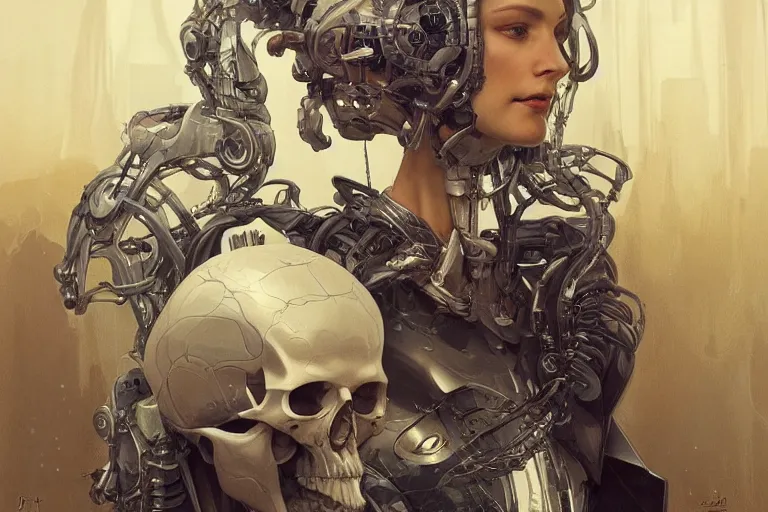 Image similar to Ultra realistic illustration, robot sitting, holding a human skull in it's hands, cyberpunk, sci-fi, fantasy, intricate, elegant, highly detailed, digital painting, artstation, concept art, smooth, sharp focus, illustration, art by artgerm and greg rutkowski and alphonse mucha