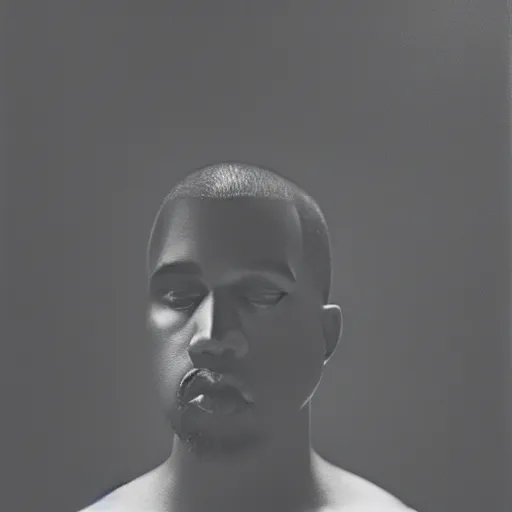 Image similar to a chiaroscuro lighting portrait of kanye west dressed as rick owens, black background, portrait by julia margaret cameron, shallow depth of field, 8 0 mm, f 1. 8