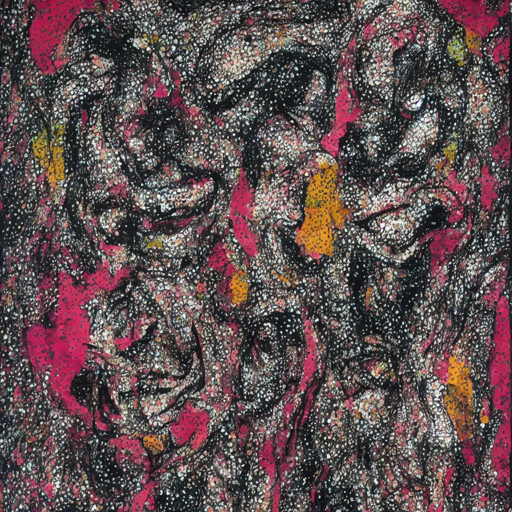 Image similar to camo made of teeth, smiling, abstract, francis bacon artwork, cryptic, dots, spots, stipple, lines, splotch, color tearing, pitch bending, faceless people, dark, ominous, eerie, hearts, minimal, points, technical, old painting, neon colors, folds