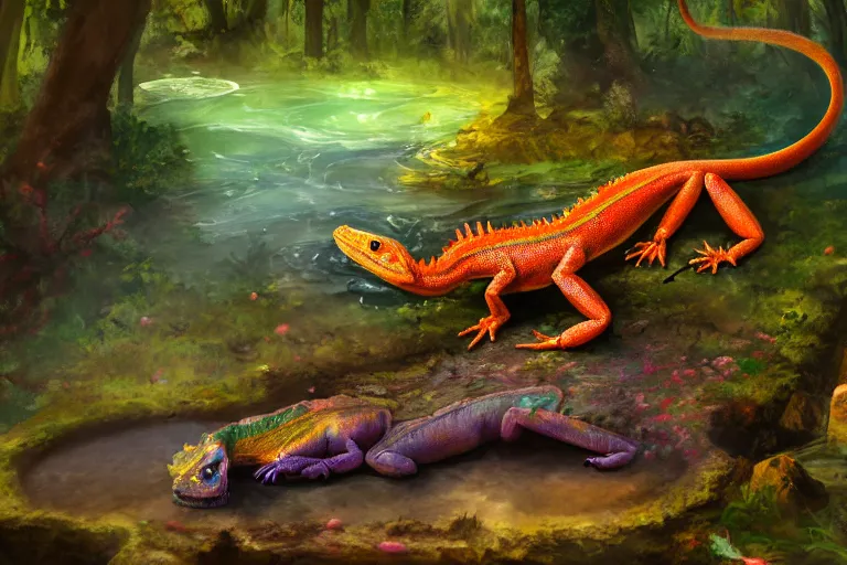 Prompt: upright anthro lizard finding a colorful hotspring deep in forest, oil painting, highly detailed, medieval fantasy, featured on artstation