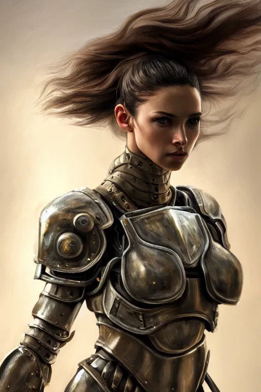 Image similar to a photorealistic painting of an attractive young girl, partially clothed in dirty metal-plated battle armor, dirty olive skin, long dark hair, beautiful bone structure, perfectly symmetrical face, perfect eyes, intricate, elegant, action pose, digital painting, concept art, illustration, sharp focus, minimal artifacts, volumetric lighting, from Metal Gear, in the style of Ruan Jia and Mandy Jurgens and Greg Rutkowski, trending on Artstation, award winning