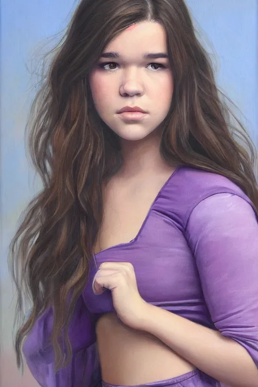 Prompt: Beautiful oil painting of Hailee Steinfeld with a chubby belly as Kate Bishop by Titian and Chie Yoshii, portrait, Marvel, Hawkeye, blush, symmetrical face, intricate, face, blue iris eyes, black hair, elegant, light purple mist, highly detailed, dramatic lighting, sharp focus, clenched fist, Pitch Perfect, Bumblebee, trending on artstation, artstationHD, artstationHQ, unreal engine, 4k, 8k