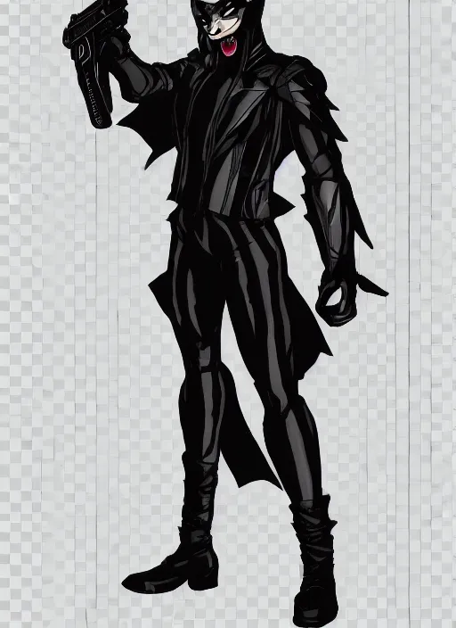 Prompt: concept art of a comic book character wearing a full body black spandex with white eyes, and drawn sharp teeth on the jaw. wearing a black leather jacket. holding a glock. hd. artstation. digital painting.