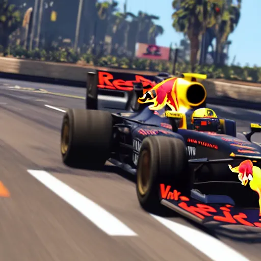 Prompt: Gameplay screenshot of Max Verstappen in GTA V, Grand Theft Auto, Red Bull