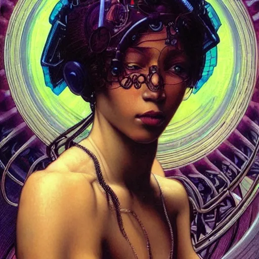 Prompt: realistic detailed face portrait of a black woman, bald, glowing blue circuits, cyberpunk, by alphonse mucha, amano, karol bak, greg hildebrandt, jean delville, and mark brooks, art nouveau, neo - gothic, gothic, rich deep moody colors