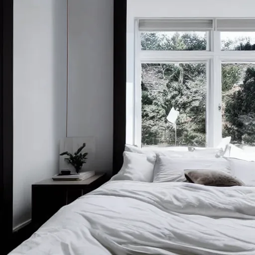 Prompt: Bedroom with Minimalistic Art on the walls, white furtniture, big windows with sunlight coming in