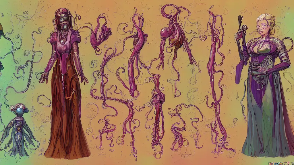 Image similar to highly detailed colorful character sheet for a stocky extraterrestrial female servant maid with thick snake - like tentacles for hair, long dress with apron, star wars, farscape, impact by craig mullins, by studio ghibli, digital art, trending on artstation, hd, 8 k, highly detailed, good lighting, beautiful, masterpiece
