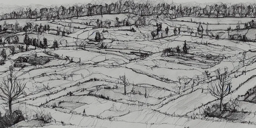 Image similar to stunning drawing of a farm landscape by brian k. vaughan