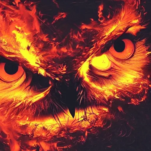 Prompt: a pillar of fire and flame stretching into the heavens is reflected in the eyes of an owl as it's tree home burns. sad expression. horror. ultra realistic.