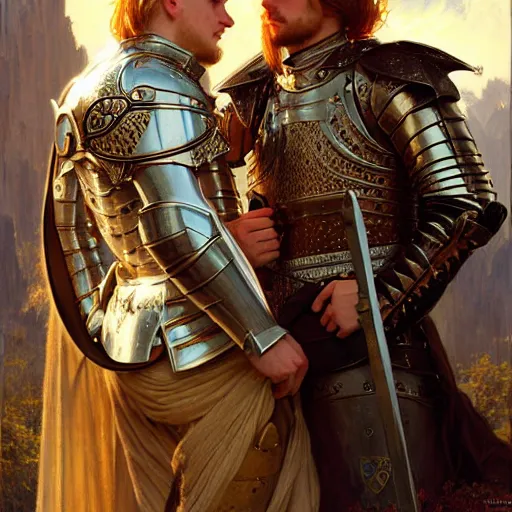 Image similar to attractive arthur pendragon and his favourite attractive male knight, they are in love, camelot, natural lighting, path traced, highly detailed, high quality, digital painting, by gaston bussiere and ross tran and j. c. leyendecker and alphonse mucha