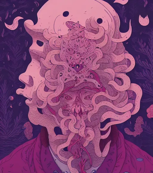 Image similar to portrait, nightmare anomalies, leaves with howl by miyazaki, violet and pink and white palette, illustration, kenneth blom, mental alchemy, james jean, pablo amaringo, naudline pierre, contemporary art, hyper detailed