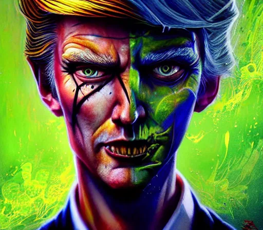 Prompt: a Demon Slayer portrait ofDonald Trump , tall, pale-skinned, and slender with lime green eyes and long eyelashes by Stanely Artgerm,Tom Bagshaw,arthur adams,Carne Griffiths,trending on DeviantArt,street art,face enhance,chillwave,maximalist,full of color, glittering