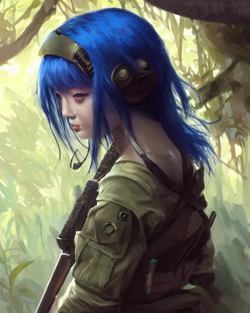 Prompt: stunningly beautifuljapanese girl with blue hair, fantasy art, military girl, army girl outfit, soldier helmet, jungle background, dark light night, sharp focus, digital painting, 8 k, concept art, art by wlop, artgerm, greg rutkowski and alphonse mucha