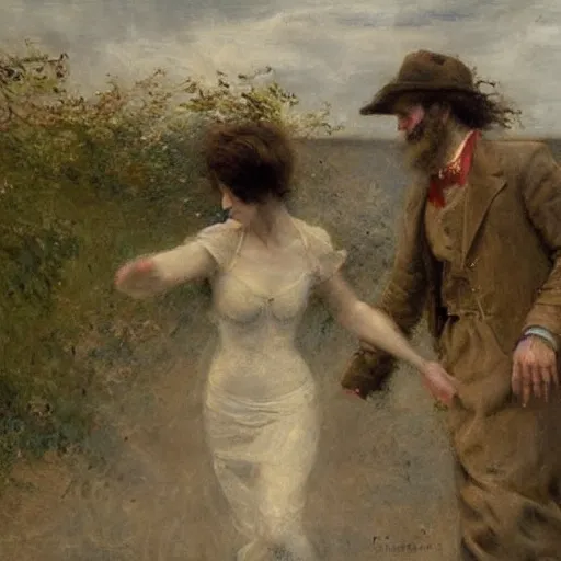 Prompt: man and woman escaping a labyrinth by alfred stevens