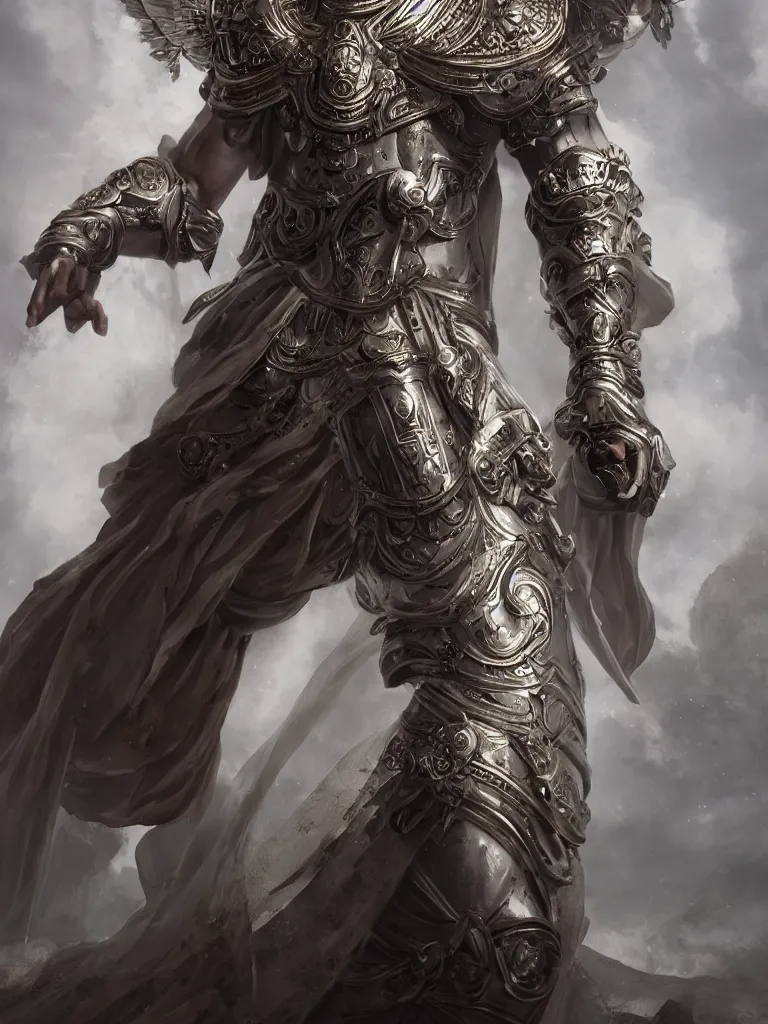 Prompt: a full body standing male divine and rogynous gorgeous, with a white gold angelic armor, vertical portrait, symmetrical face, symmetrical, dark epic, roman toga, cinematic lighting, heaven background, concept art, highly detailed, photorealistic, 4 k, mist, octane render, unreal engine, hyper detailed, volumetric lighting, trending on artstation.