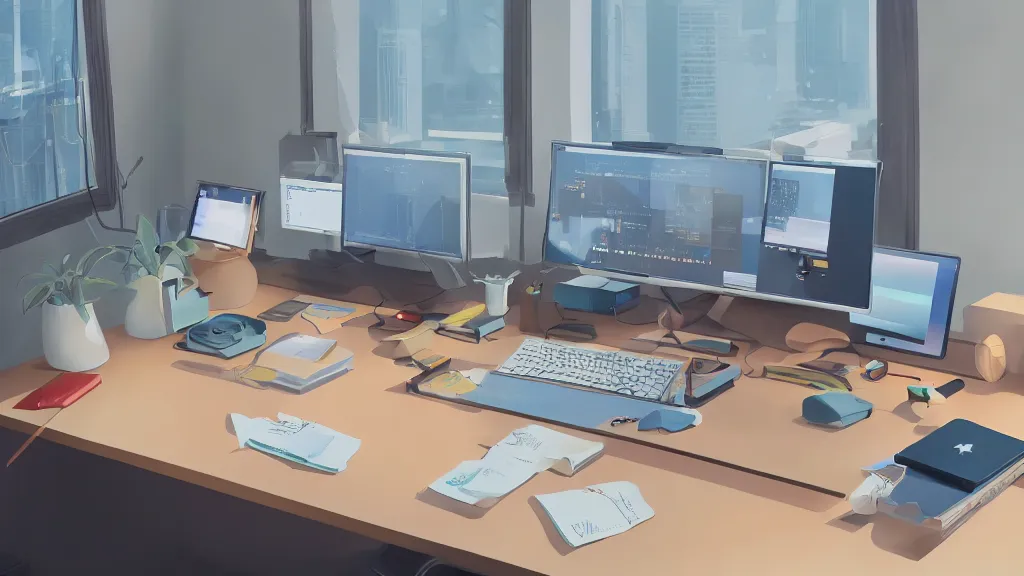 Image similar to the desk of a famous web designer working with apple computer, stylized retro minimalist design, loftis, cory behance hd, by moebius, makoto shinkai and lois van baarle, ilya kuvshinov, rossdraws global illumination