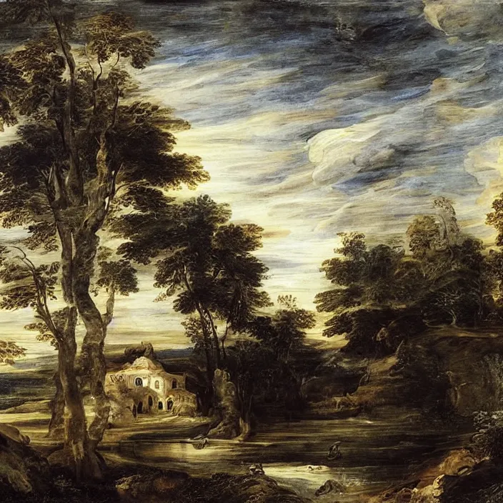 Prompt: a building in a serene landscape, by rubens