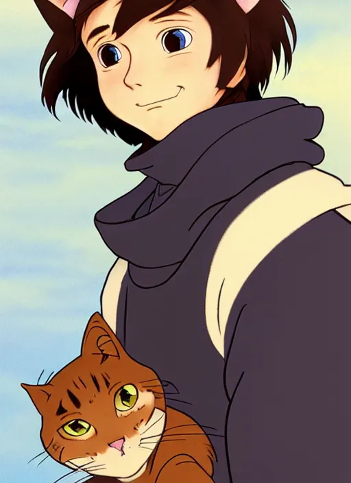 Image similar to teen boy with brown hair and big blue eyes, wearing a black hoodie with cat ears on top of it, natural lighting, path traced, highly detailed, high quality, cartoon, digital painting, by don bluth and ross tran and studio ghibli and alphonse mucha