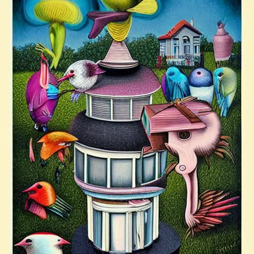 Image similar to anamorphic birds walking past a house, lowbrow surrealistic, in the style of Mark Ryden,