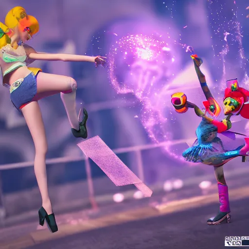 Prompt: a girl like jinx and Princess peach, dancing, background jet ground radio, fullshot, raytrayced, octane render,volumetric lighting, epic composition, intricate details, dark neon punk, by myanko