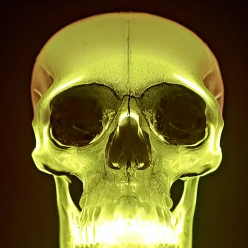 Prompt: transparent skull emits primatic light